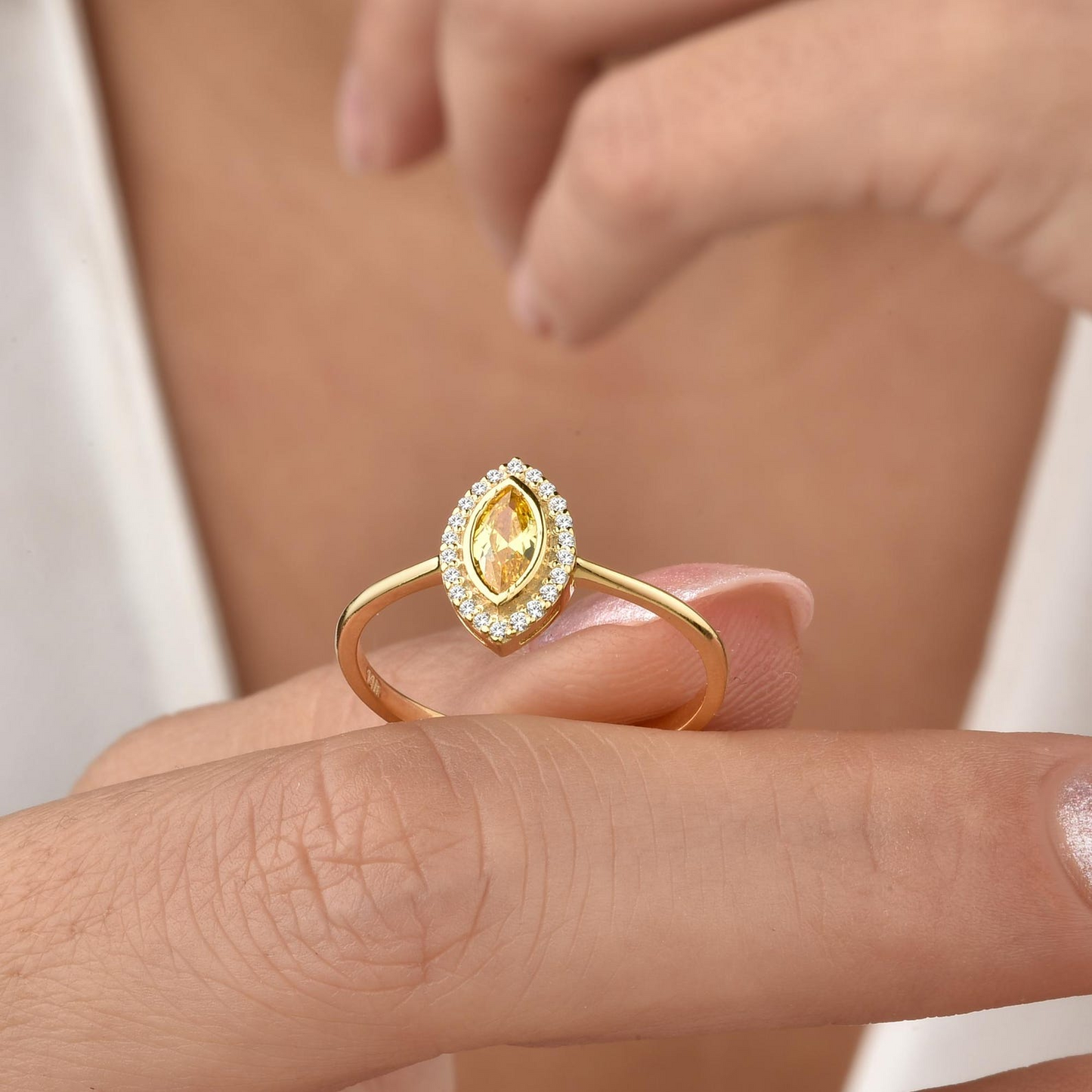 Yellow Topaz Bezel Marquise Ring with Real Diamonds in 8K/10K/14K Solid Gold | November Birthstone Jewelry