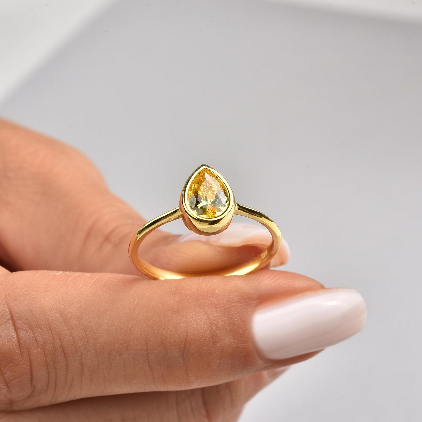 Yellow Topaz Drop Bezel Ring 8K/10K/14K Solid Gold, November Birthstone Jewelry