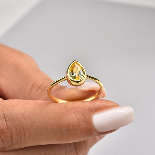 Yellow Topaz Drop Bezel Ring 8K/10K/14K Solid Gold, November Birthstone Jewelry