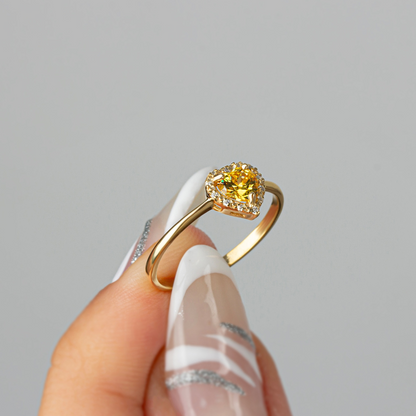 Yellow Topaz Bezel Heart Ring with Real Diamonds Halo in 8K/10K/14K Solid Gold | Birthstone Jewelry
