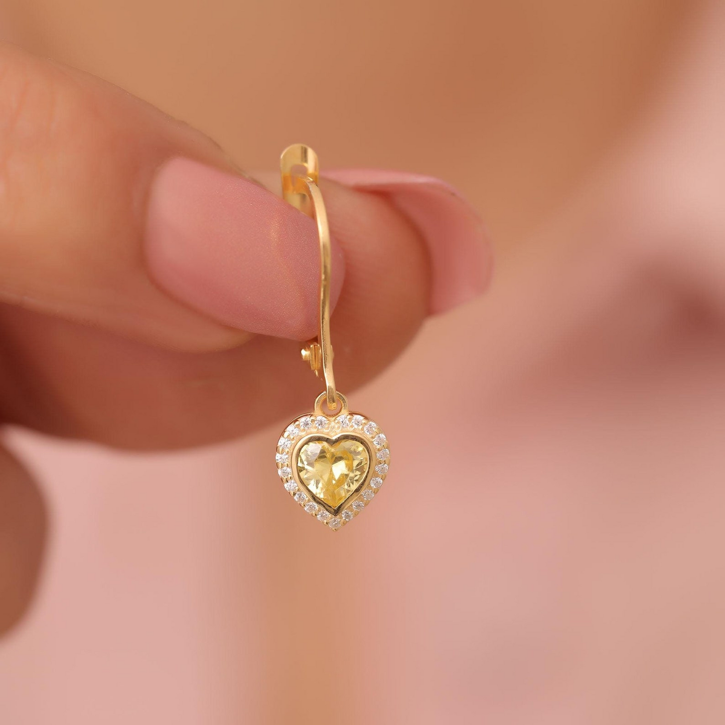 Yellow Topaz Bezel Heart Dangle Earrings with Real Diamonds in 8K/10K/14K Solid Gold | November Birthstone Jewelry