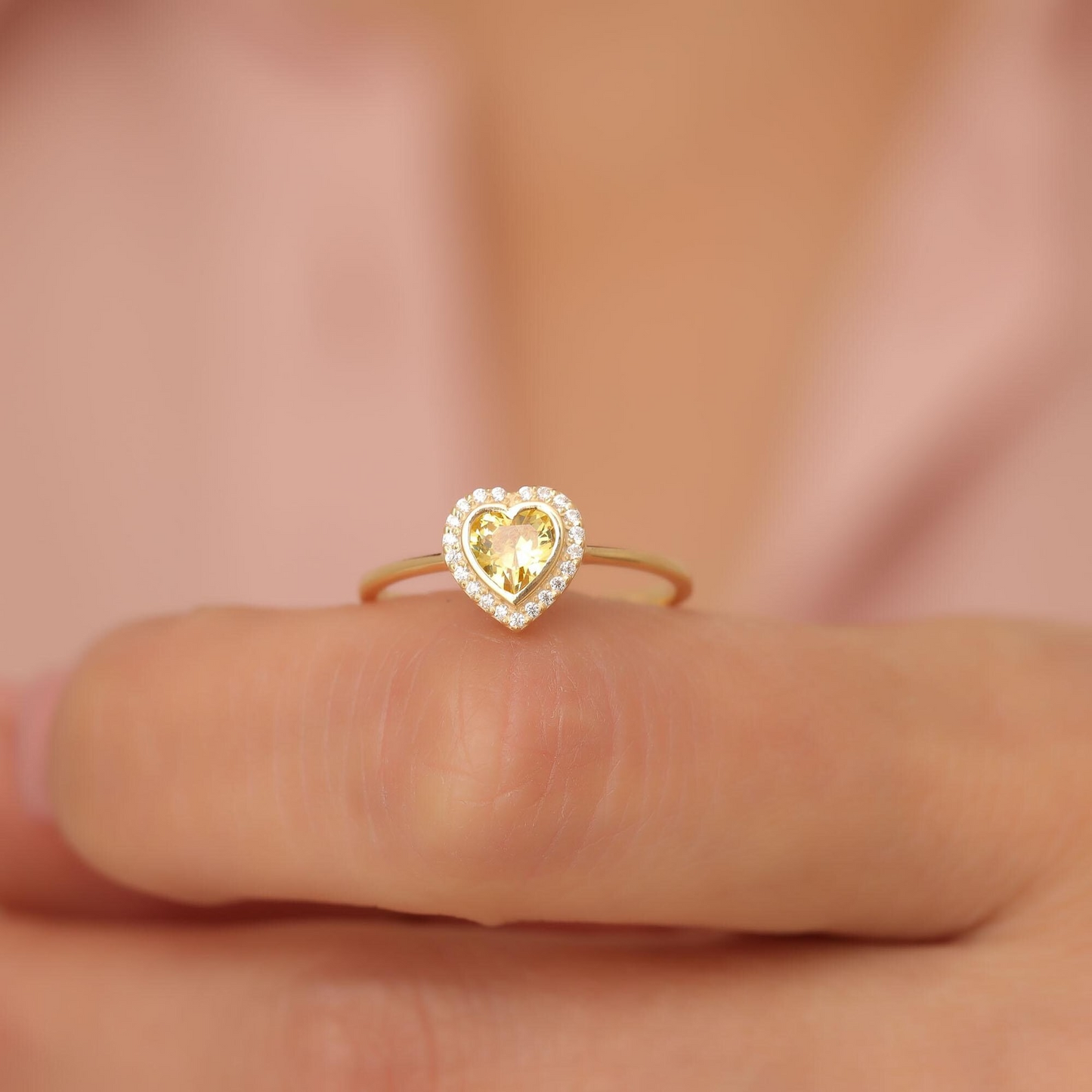 Yellow Topaz Bezel Heart Ring with Real Diamonds in 8K/10K/14K Solid Gold | Birthstone Jewelry