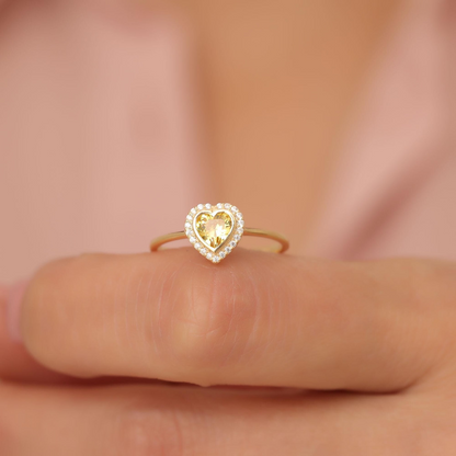 Yellow Topaz Bezel Heart Ring with Real Diamonds in 8K/10K/14K Solid Gold | Birthstone Jewelry