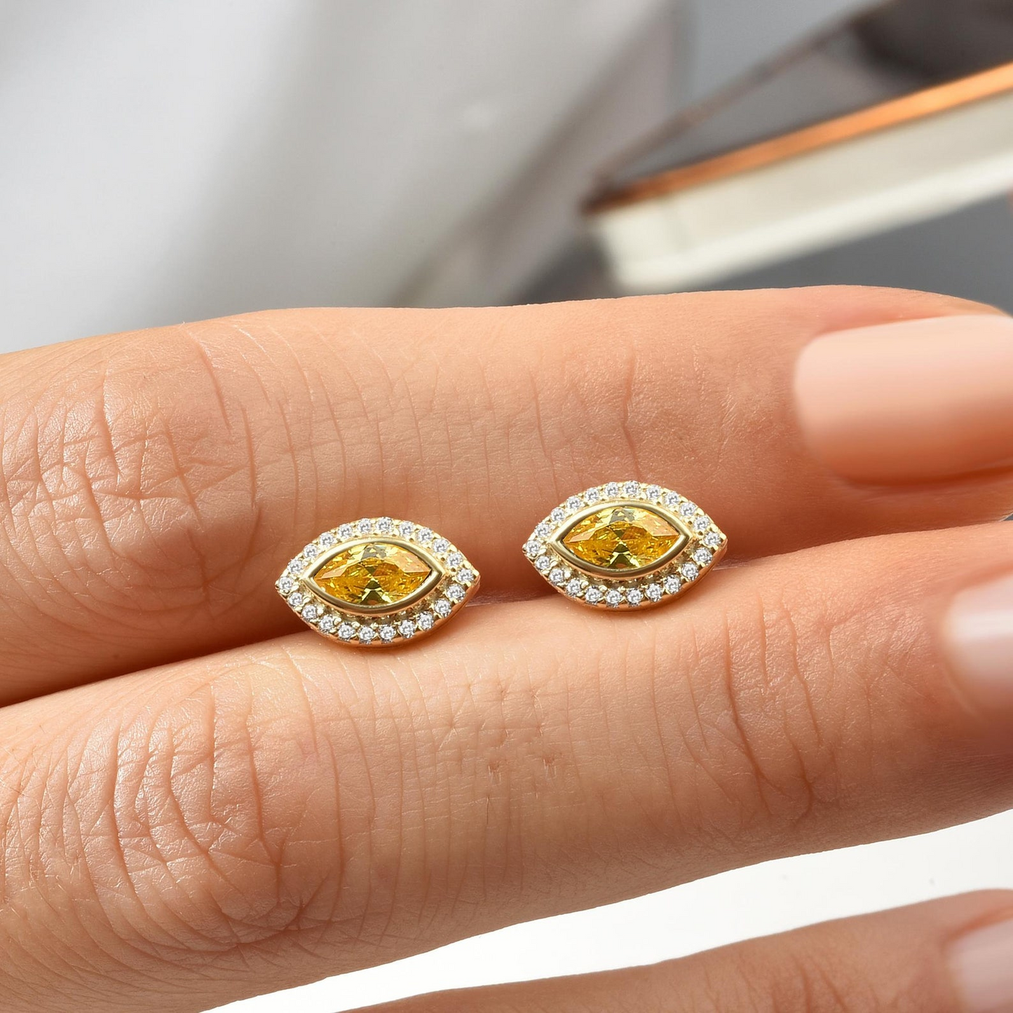 Yellow Topaz Bezel Marquise Stud Earrings with Real Diamonds in 8K/10K/14K Solid Gold | Handmade Jewelry