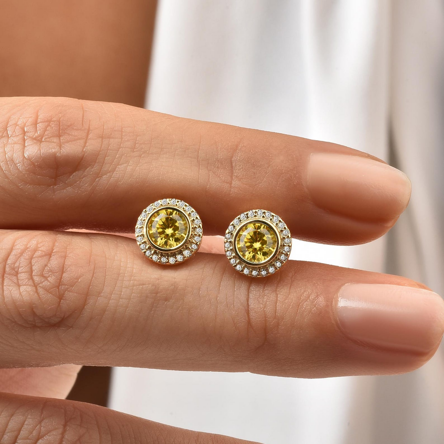 Yellow Topaz Round Bezel Stud Earrings in 8K/10K/14K Solid Gold with Real Diamonds, November Birthstone Jewelry