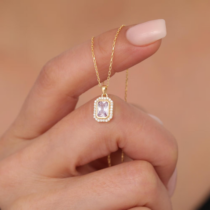 Rectangle Alexandrite Bezel Necklace in 8K/10K/14K Solid Gold Surrounded with Real Diamonds, June Birthstone Jewelry