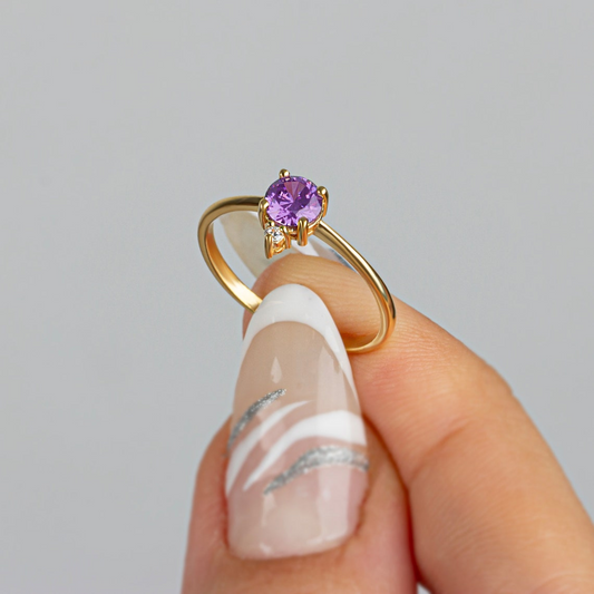 Round Amethyst Ring in 14K Solid Gold with Single Stone Real Diamond, February Birthstone Jewelry