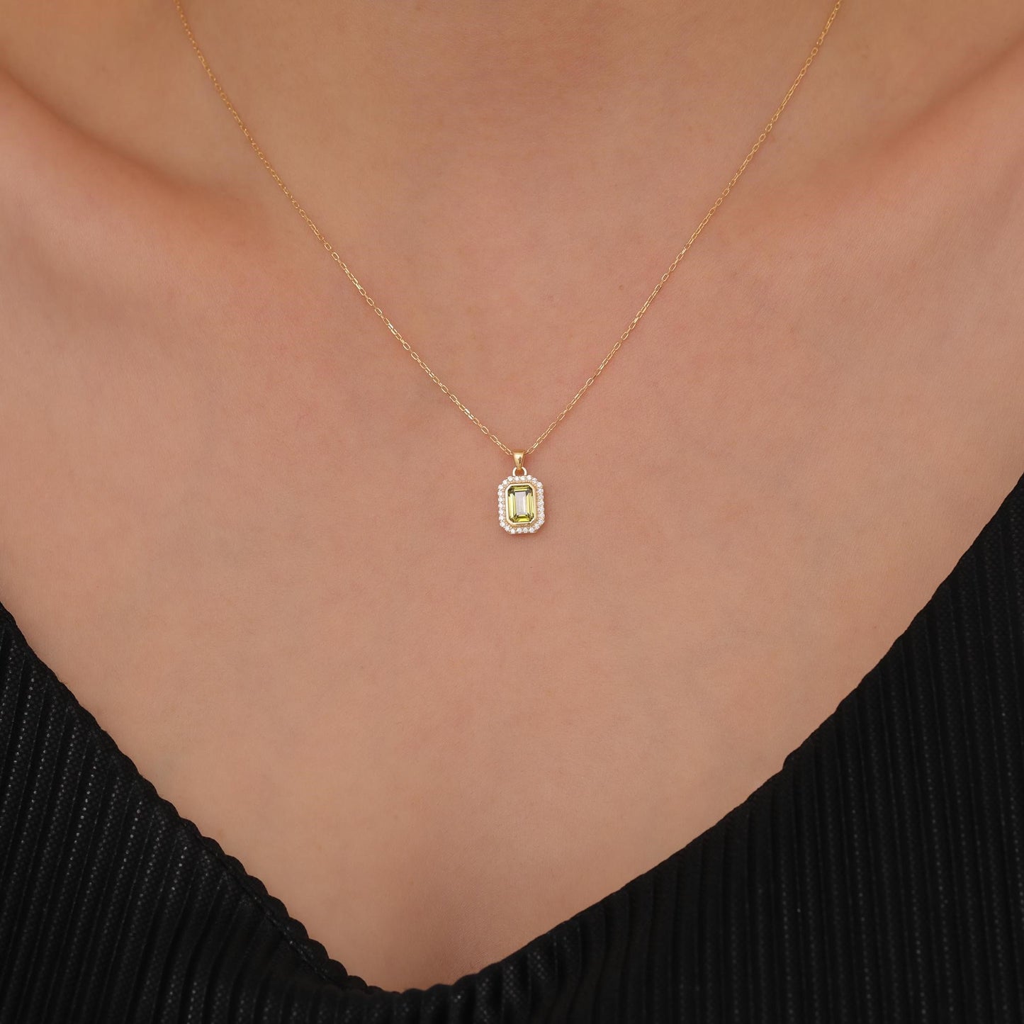 Rectangle Peridot Bezel Necklace in 8K/10K/14K Solid Gold Surrounded with Real Diamonds, August Birthstone Jewelry