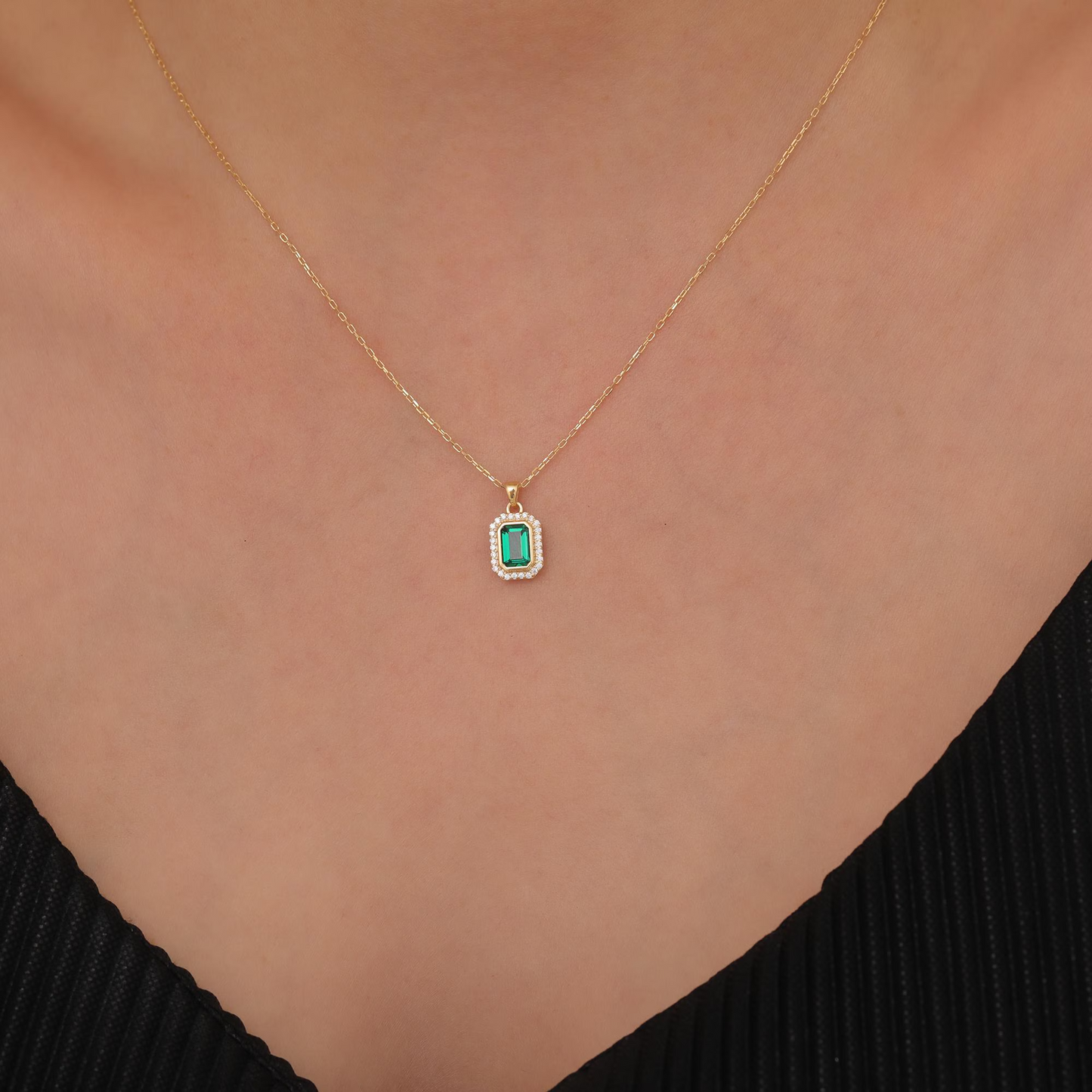 Rectangle Emerald Bezel Necklace in 8K/10K/14K Solid Gold Surrounded with Real Diamonds, May Birthstone Jewelry