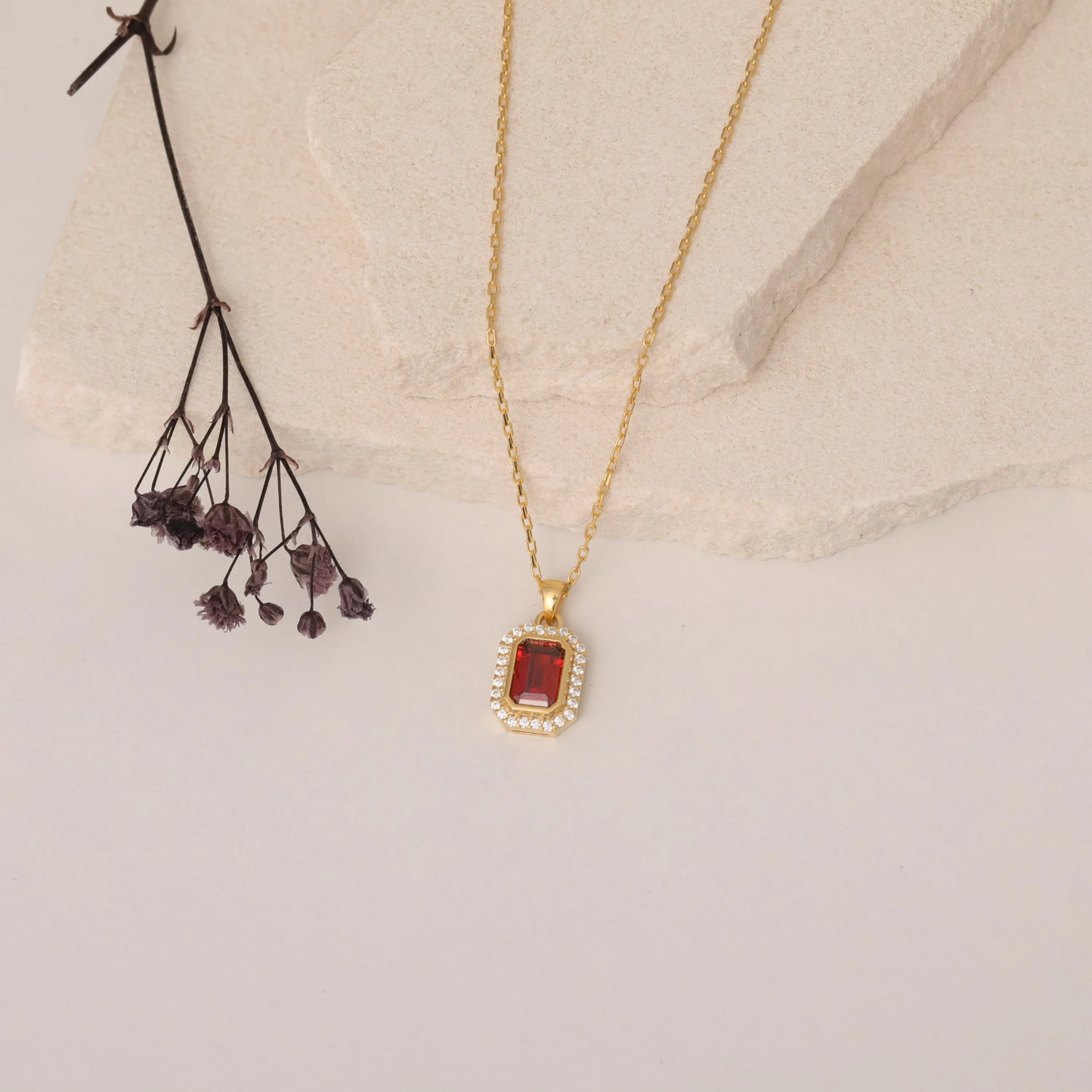 Rectangle Garnet Bezel Necklace in 8K/10K/14K Solid Gold Surrounded with Real Diamonds, January Birthstone Jewelry