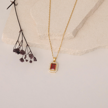 Rectangle Garnet Bezel Necklace in 8K/10K/14K Solid Gold Surrounded with Real Diamonds, January Birthstone Jewelry