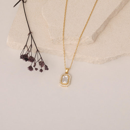 Rectangle White Topaz Bezel Necklace in 8K/10K/14K Solid Gold Surrounded with Real Diamonds, April Birthstone Jewelry