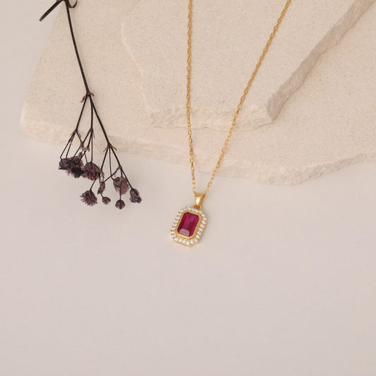 Rectangle Ruby Bezel Necklace in 8K/10K/14K Solid Gold Surrounded with Real Diamonds, July Birthstone Jewelry