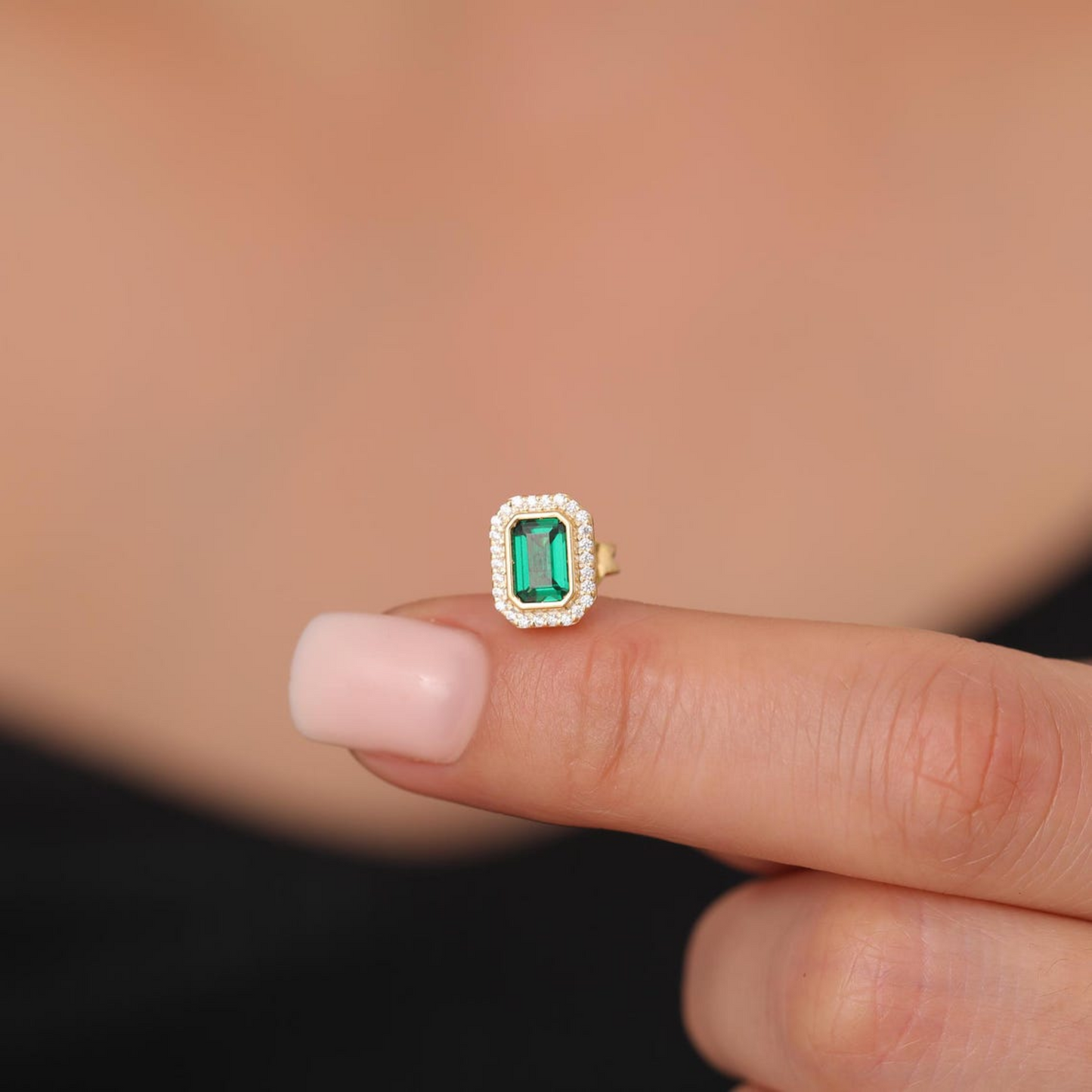 Rectangle Emerald Bezel Stud Earrings in 10K/14K Solid Gold Surrounded with Real Diamonds, May Birthstone Jewelry