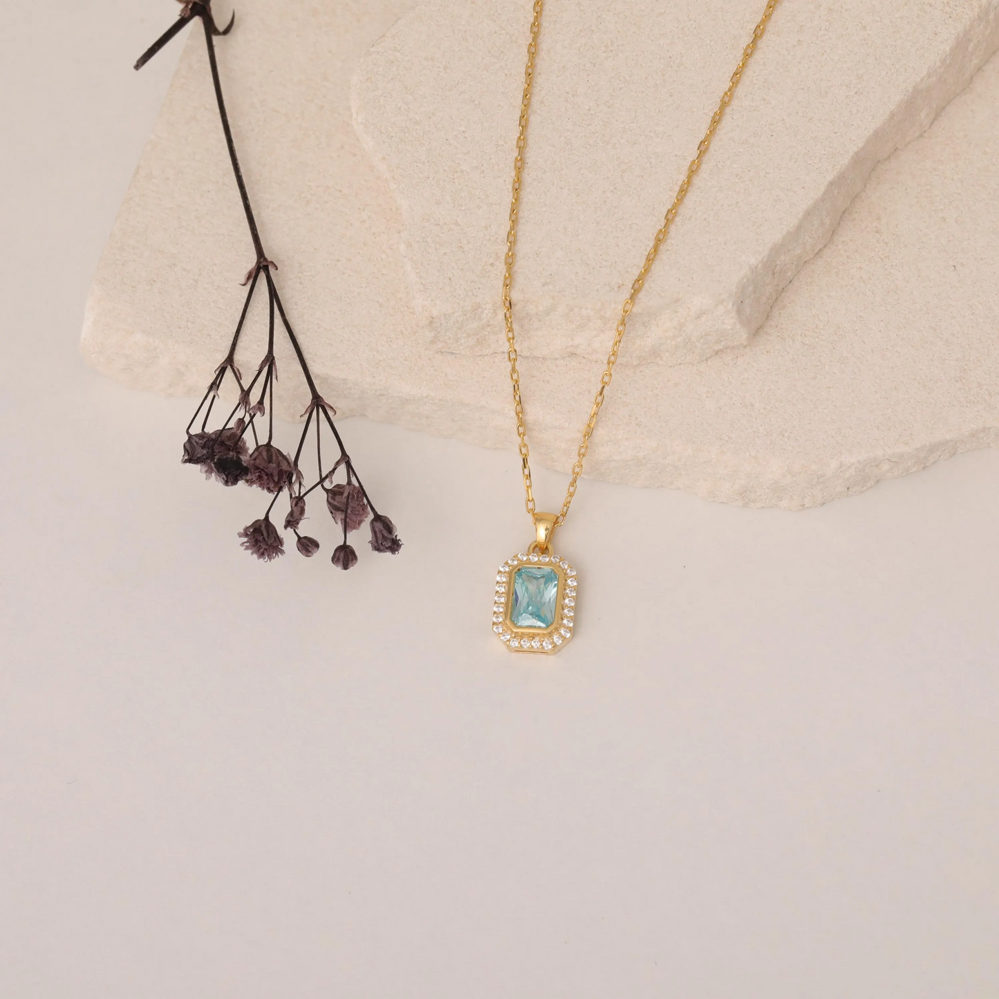 Rectangle Aquamarine Bezel Necklace in 8K/10K/14K Solid Gold Surrounded with Real Diamonds, March Birthstone Jewelry