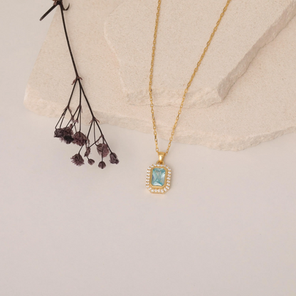 Rectangle Aquamarine Bezel Necklace in 8K/10K/14K Solid Gold Surrounded with Real Diamonds, March Birthstone Jewelry