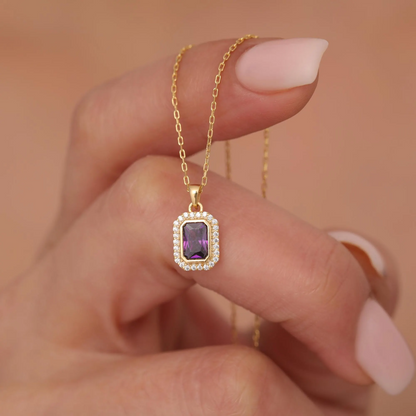 Rectangle Amethyst Bezel Necklace in 8K/10K/14K Solid Gold Surrounded with Real Diamonds, February Birthstone Jewelry