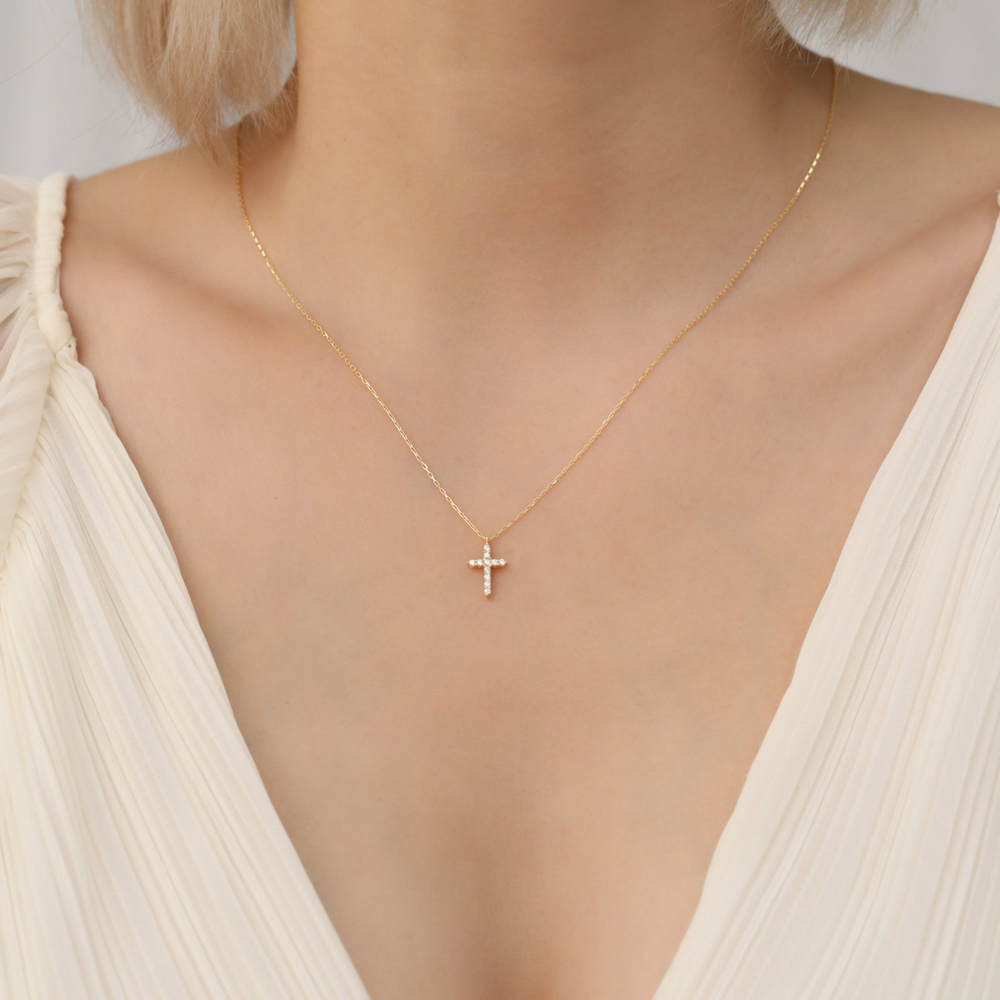Cross Necklace with Real Diamonds in 8K/10K/14K Solid Gold, Handcrafted Religious Jewelry