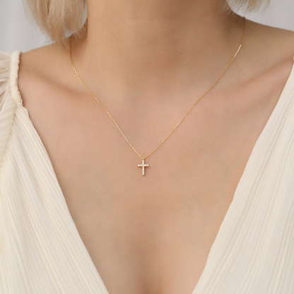 Cross Necklace with Real Diamonds in 8K/10K/14K Solid Gold, Handcrafted Religious Jewelry