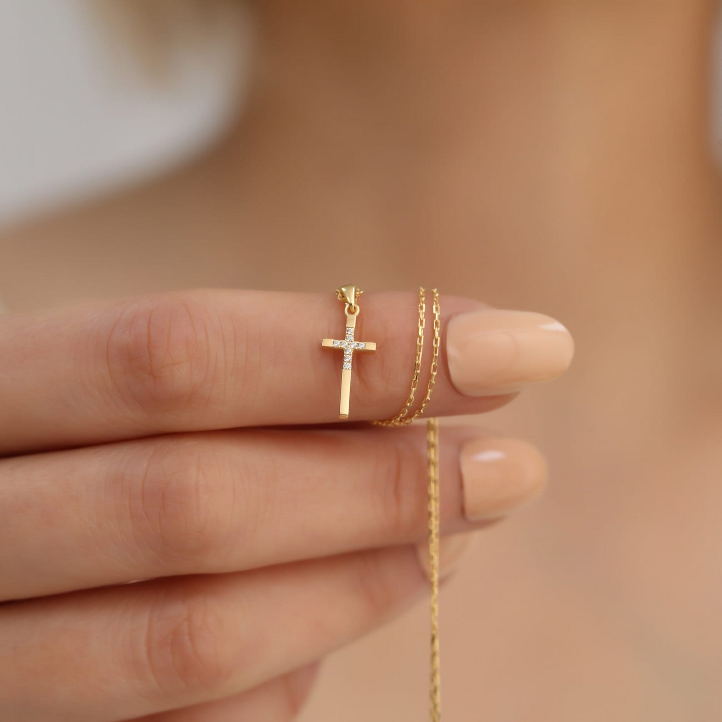 Cross Necklace with Real Diamonds in 14K Solid Gold, Handmade Faith Jewelry