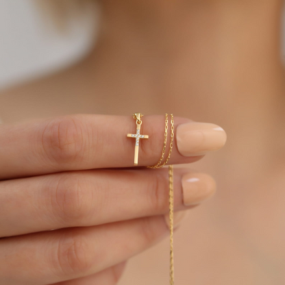Cross Necklace with Real Diamonds in 14K Solid Gold, Handmade Faith Jewelry