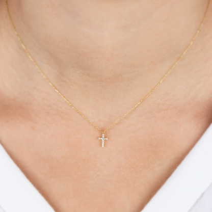 Cross Necklace with Real Diamonds in 14K Solid Gold, Religious Jewelry