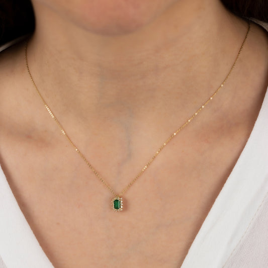 Rectangle Emerald Necklace with Real Diamond 14K Solid Gold, May Birthstone