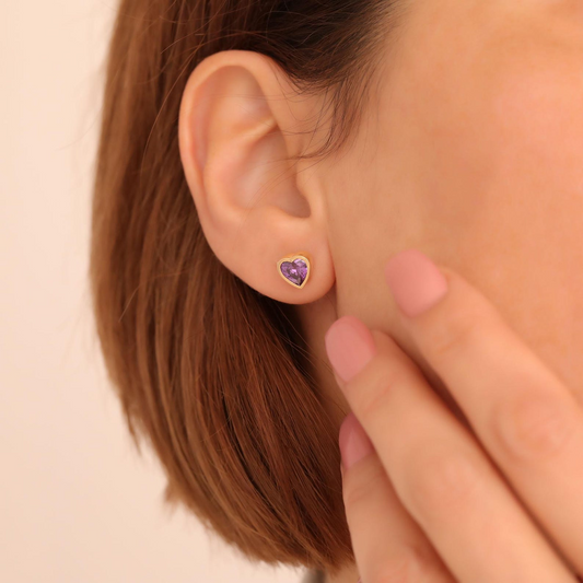 Amethyst Heart Bezel Stud Earrings 10K/14K Solid Gold, February Birthstone Jewelry