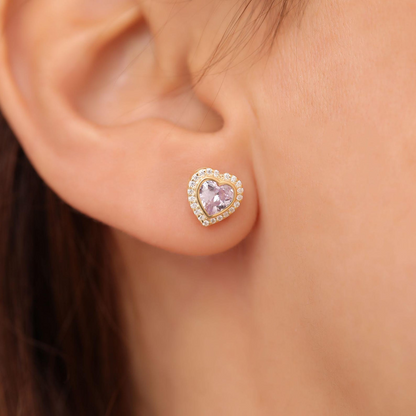 Alexandrite Bezel Heart Stud Earrings with Real Diamonds in 10K/14K Solid Gold | June Birthstone Jewelry