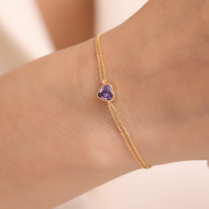 Heart Amethyst Bezel Bracelet in 10K/14K Solid Gold | February Birthstone