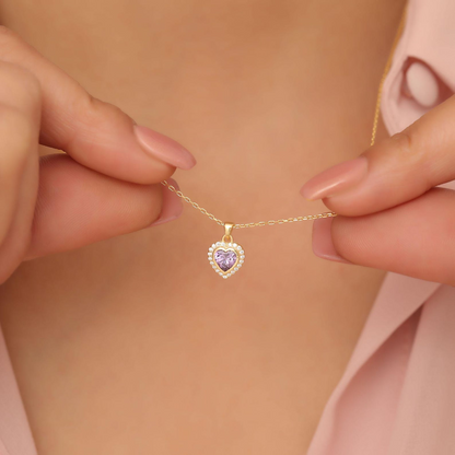 Amethyst Bezel Heart Necklace with Real Diamonds in 8K/10K/14K Solid Gold | February Birthstone Jewelry