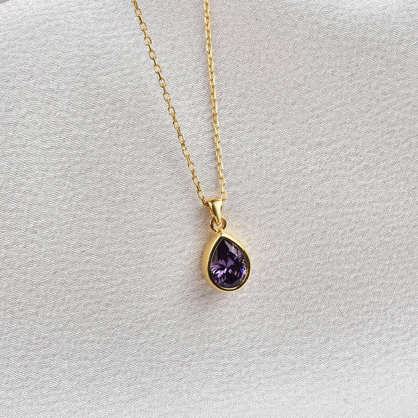 Amethyst Bezel Drop Necklace 10/14K Solid Gold, February Birthstone Jewelry