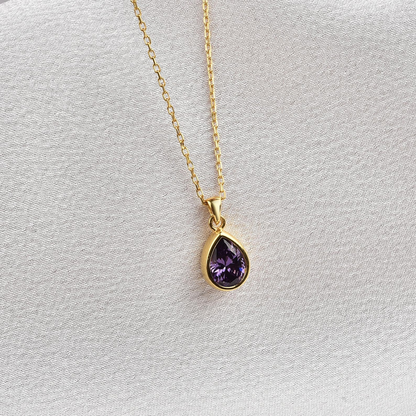 Amethyst Bezel Drop Necklace 10/14K Solid Gold, February Birthstone Jewelry