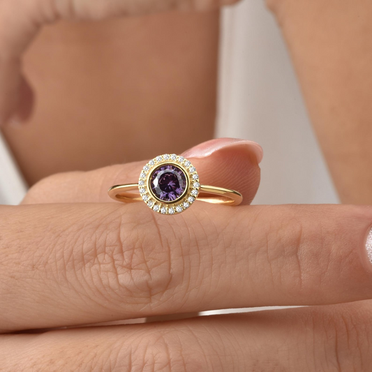 Amethyst Round Bezel Ring in 8K/10K/14K Solid Gold with Real Diamonds, February Birthstone Jewelry
