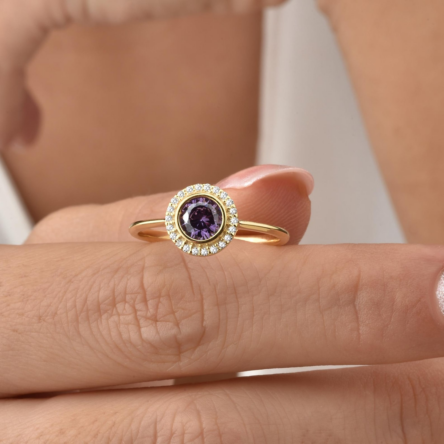 Amethyst Round Bezel Ring in 8K/10K/14K Solid Gold with Real Diamonds, February Birthstone Jewelry
