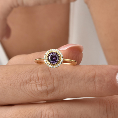 Amethyst Round Bezel Ring in 8K/10K/14K Solid Gold with Real Diamonds, February Birthstone Jewelry