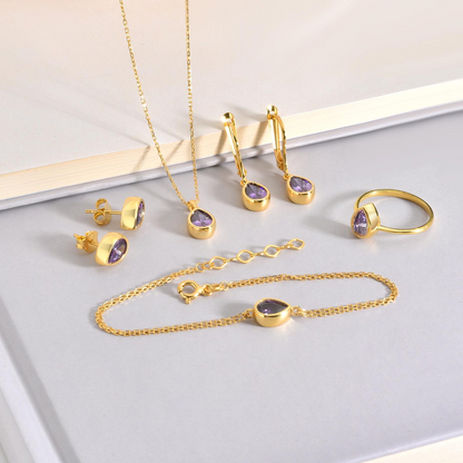 Amethyst Drop Bezel Bracelet in 10K/14K Solid Gold, February Birthstone Jewelry