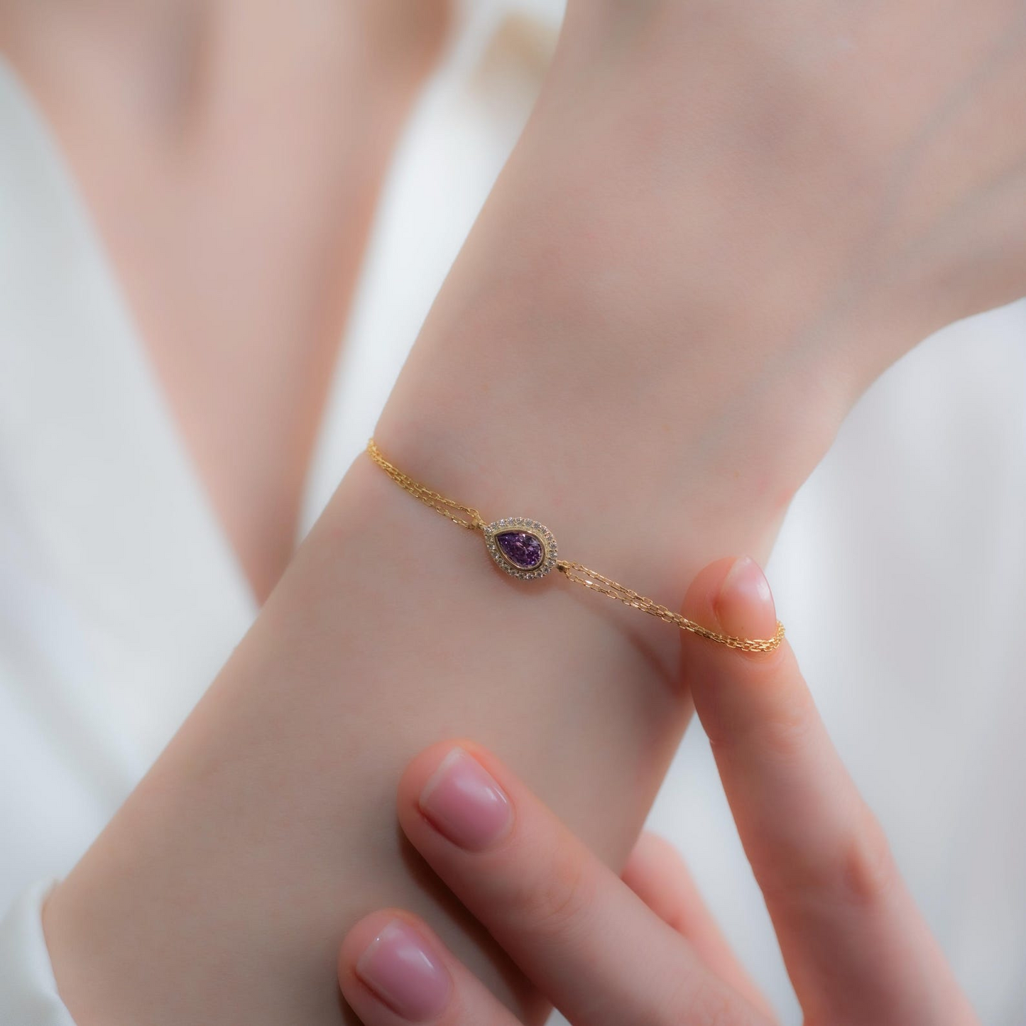 Amethyst Bezel Drop Bracelet with Real Diamonds in 8K/10K/14K Solid Gold | February Birthstone Jewelry