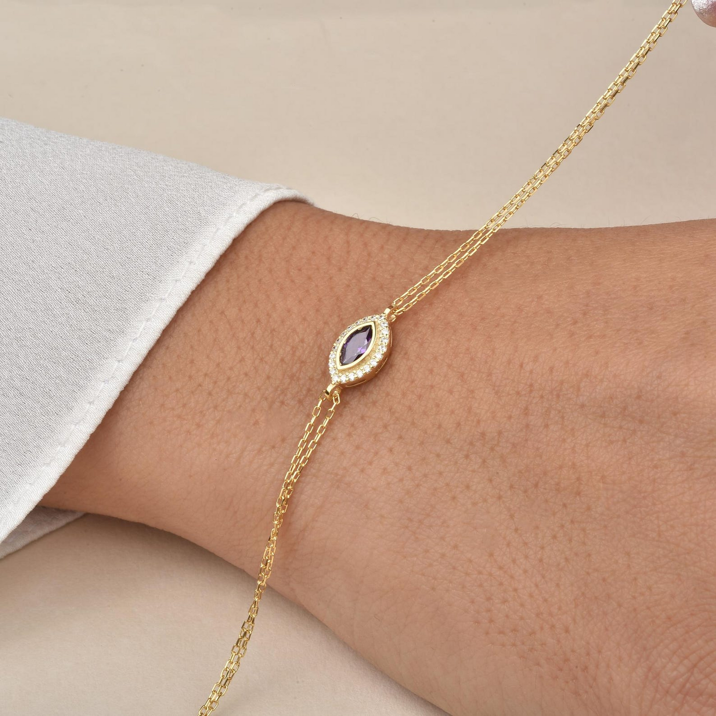 Amethyst Bezel Marquise Bracelet with Real Diamonds in 8K/10K/14K Solid Gold | February Birthstone Jewelry