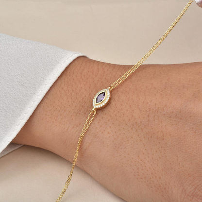 Amethyst Bezel Marquise Bracelet with Real Diamonds in 8K/10K/14K Solid Gold | February Birthstone Jewelry