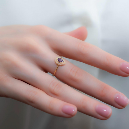 Amethyst Bezel Drop Ring with Real Diamonds in 8K/10K/14K Solid Gold | February Birthstone Jewelry