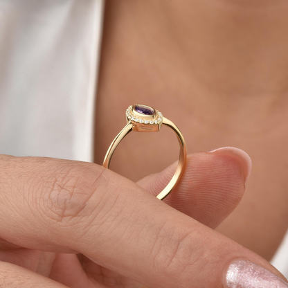 Amethyst Bezel Marquise Ring with Real Diamonds in 8K/10K/14K Solid Gold | February Birthstone Jewelry