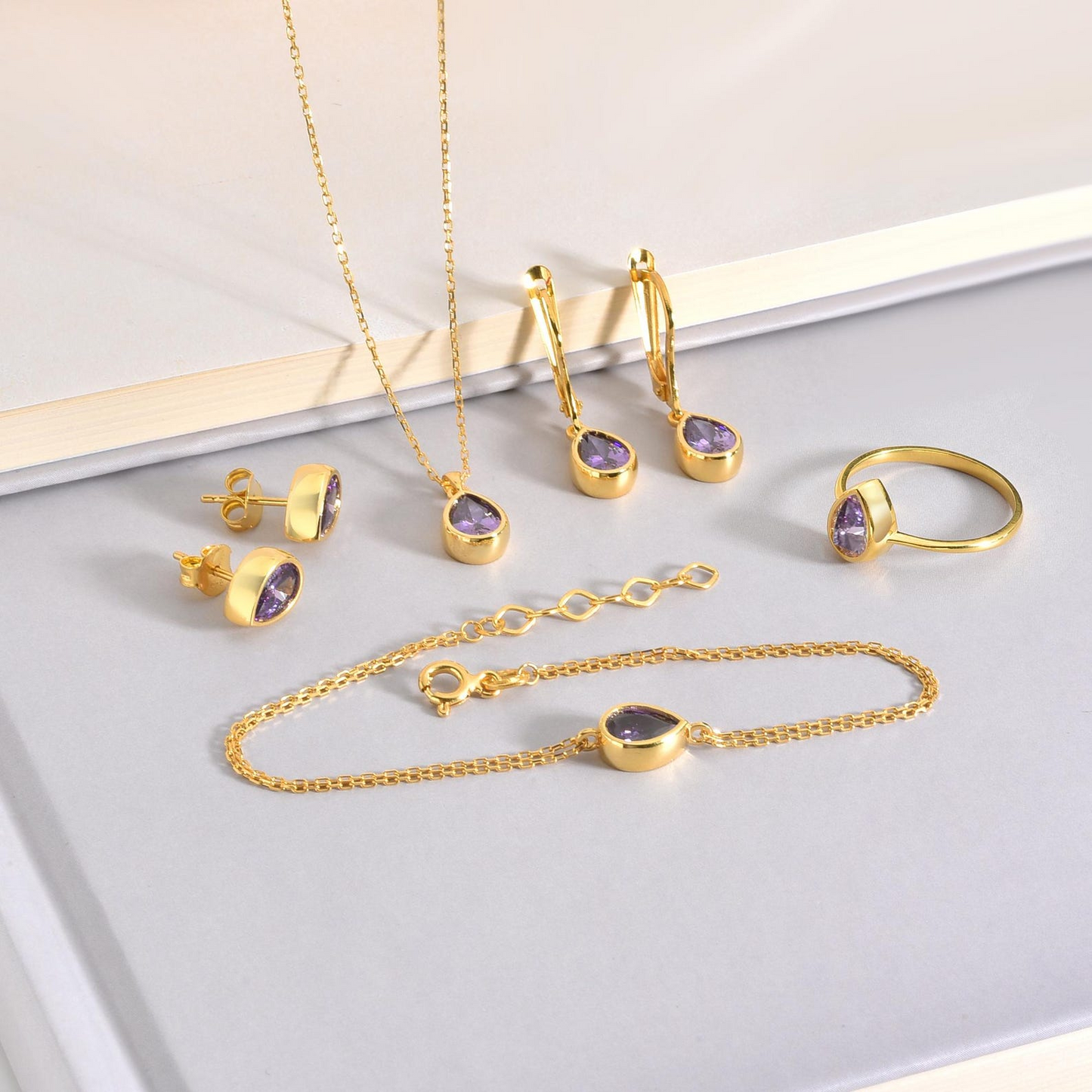 Amethyst Drop Bezel Stud Earrings in 10K/14K Solid Gold, February Birthstone Jewelry