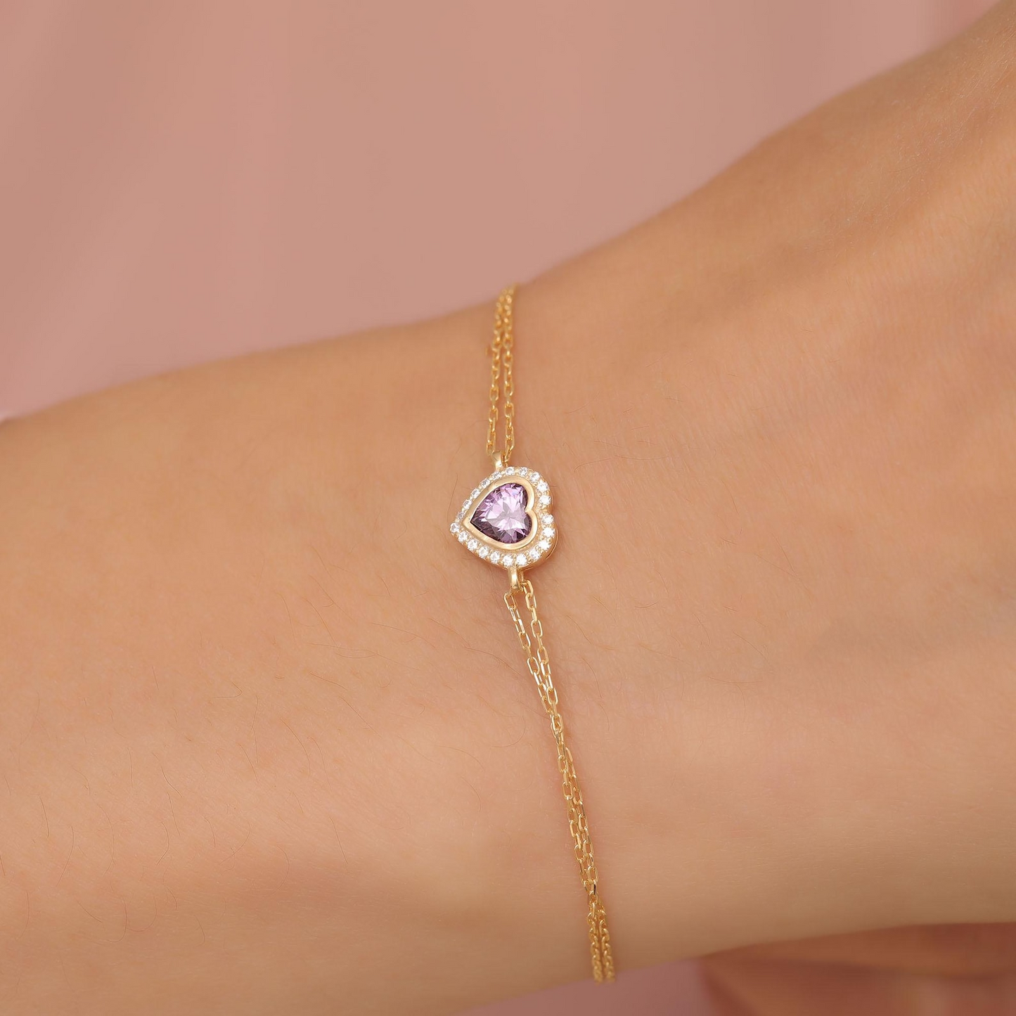 Amethyst Bezel Heart Bracelet with Real Diamonds in 8K/10K/14K Solid Gold | February Birthstone Jewelry