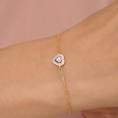 Amethyst Bezel Heart Bracelet with Real Diamonds in 8K/10K/14K Solid Gold | February Birthstone Jewelry