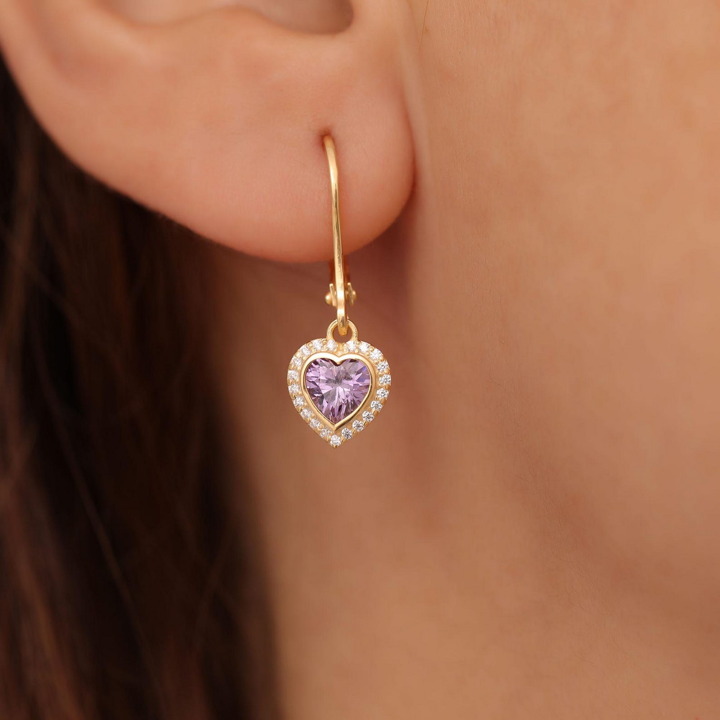 Amethyst Bezel Heart Dangle Earrings with Real Diamonds in 8K/10K/14K Solid Gold | February Birthstone Jewelry
