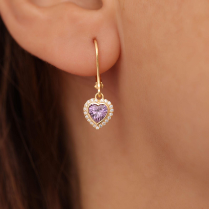 Amethyst Bezel Heart Dangle Earrings with Real Diamonds in 8K/10K/14K Solid Gold | February Birthstone Jewelry