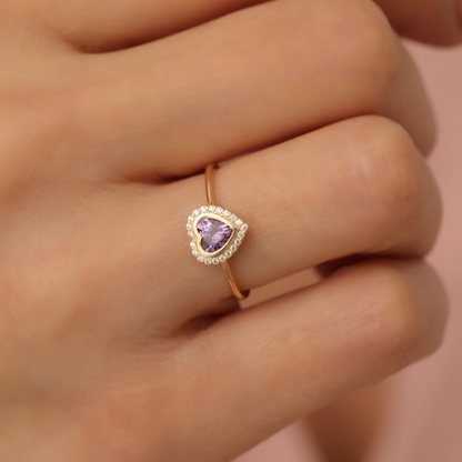 Amethyst Bezel Heart Ring with Real Diamonds in 8K/10K/14K Solid Gold | February Birthstone Jewelry