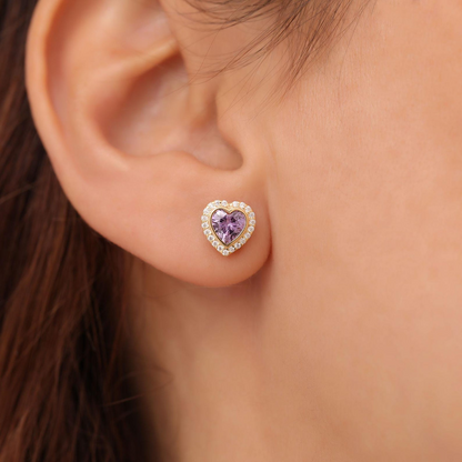 Amethyst Bezel Heart Stud Earrings with Real Diamonds in 10K/14K Solid Gold | February Birthstone Jewelry