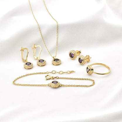 Amethyst Round Bezel Dangle Earrings in 8K/10K/14K Solid Gold with Real Diamonds, February Birthstone Jewelry